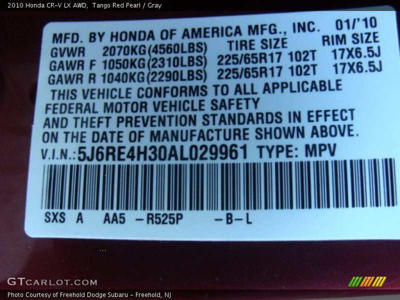 Tango Red Pearl / Gray 2010 Honda CR-V LX AWD