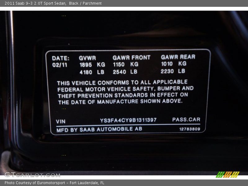 Black / Parchment 2011 Saab 9-3 2.0T Sport Sedan