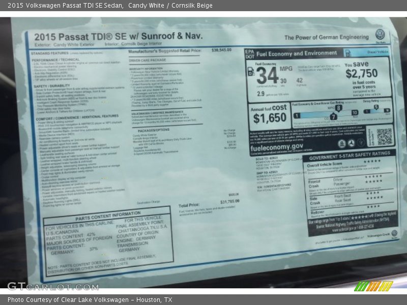 Candy White / Cornsilk Beige 2015 Volkswagen Passat TDI SE Sedan