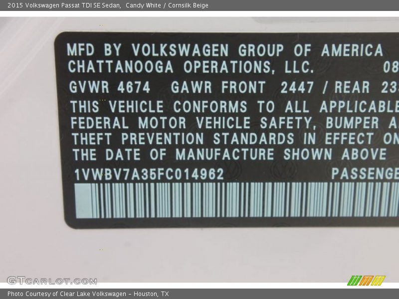 Candy White / Cornsilk Beige 2015 Volkswagen Passat TDI SE Sedan