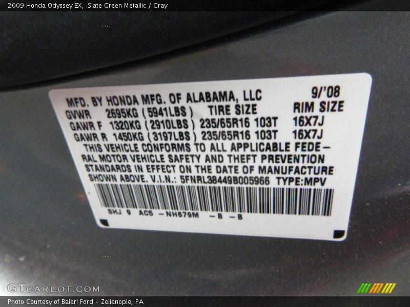 Slate Green Metallic / Gray 2009 Honda Odyssey EX