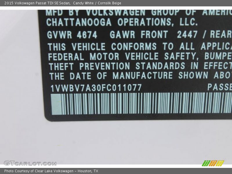 Candy White / Cornsilk Beige 2015 Volkswagen Passat TDI SE Sedan