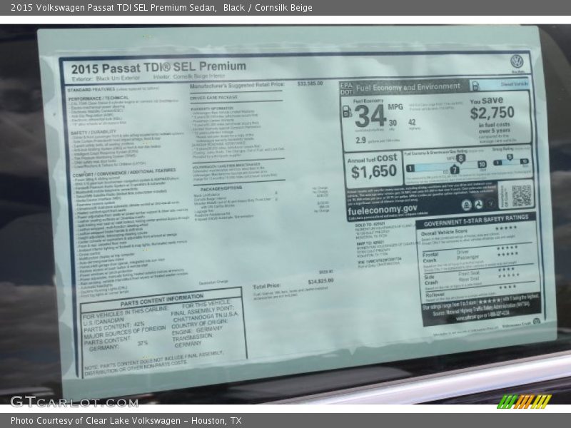 Black / Cornsilk Beige 2015 Volkswagen Passat TDI SEL Premium Sedan