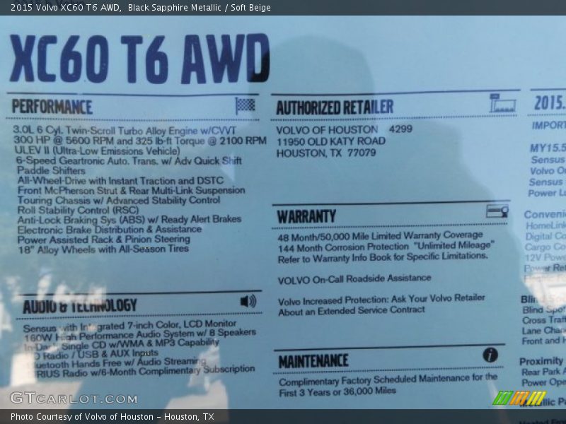 Black Sapphire Metallic / Soft Beige 2015 Volvo XC60 T6 AWD