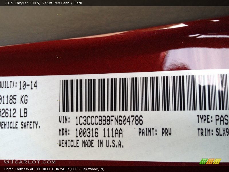 Velvet Red Pearl / Black 2015 Chrysler 200 S