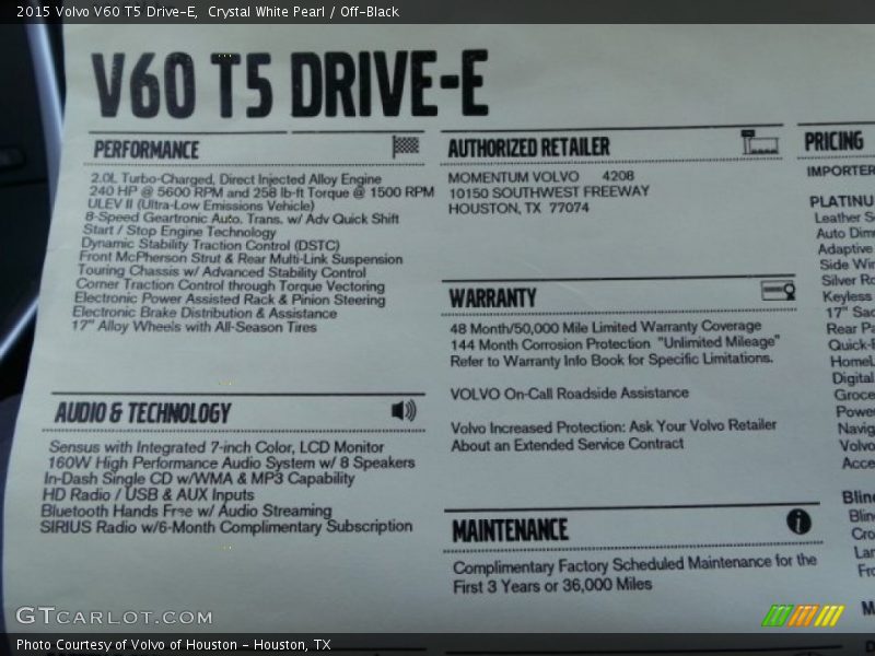  2015 V60 T5 Drive-E Window Sticker