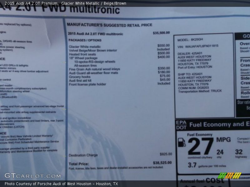 Glacier White Metallic / Beige/Brown 2015 Audi A4 2.0T Premium