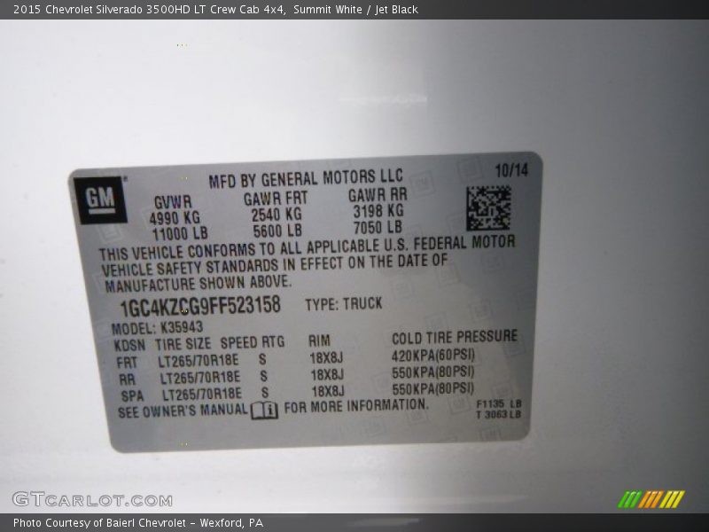 Info Tag of 2015 Silverado 3500HD LT Crew Cab 4x4