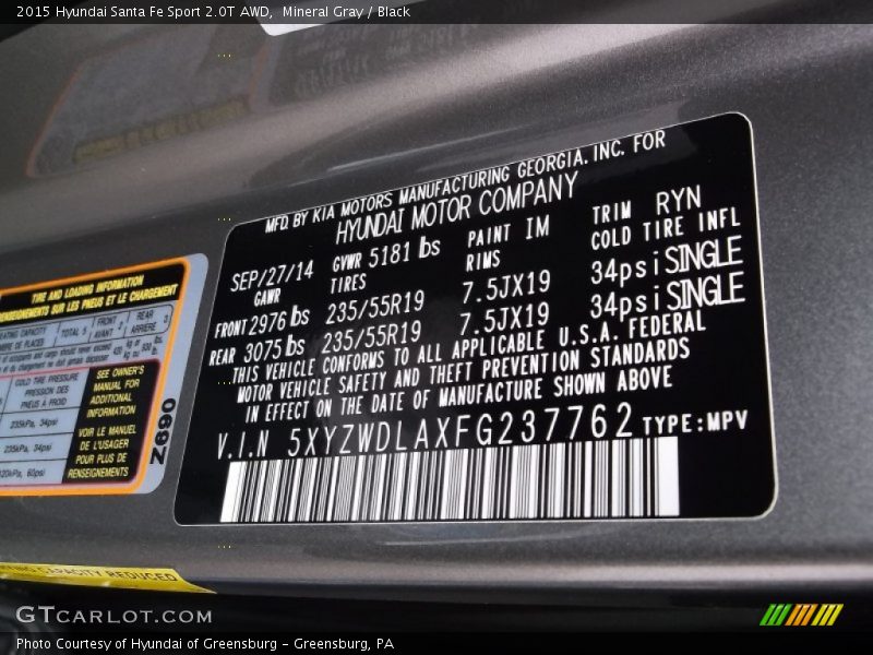 Mineral Gray / Black 2015 Hyundai Santa Fe Sport 2.0T AWD