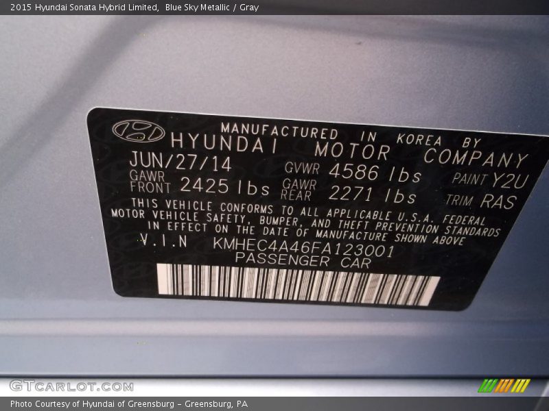 2015 Sonata Hybrid Limited Blue Sky Metallic Color Code Y2U