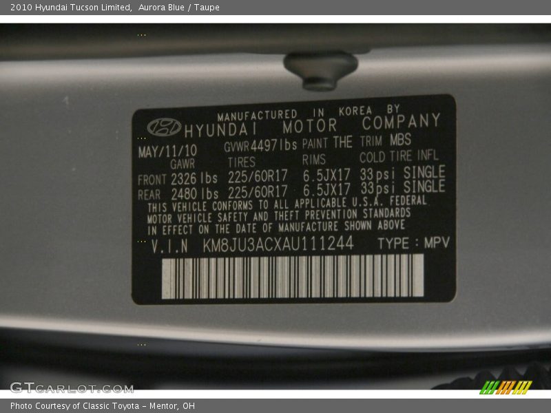 Aurora Blue / Taupe 2010 Hyundai Tucson Limited