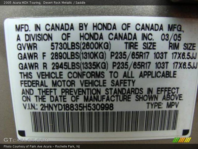 Desert Rock Metallic / Saddle 2005 Acura MDX Touring