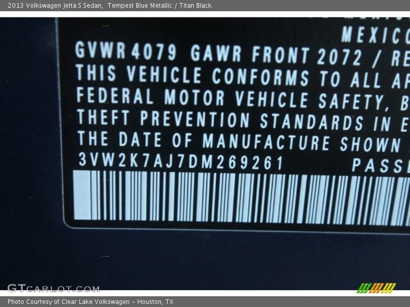 Tempest Blue Metallic / Titan Black 2013 Volkswagen Jetta S Sedan