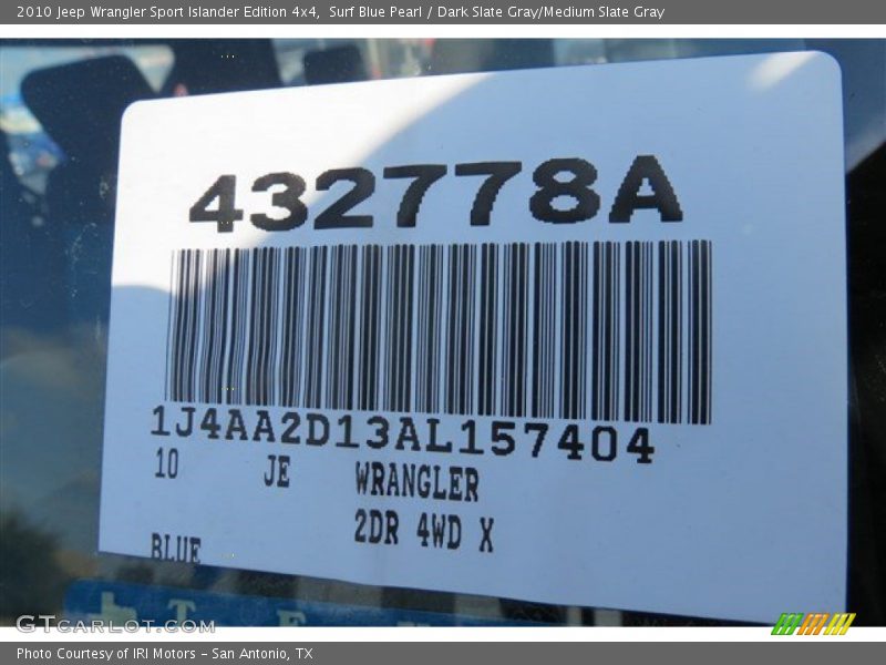 Surf Blue Pearl / Dark Slate Gray/Medium Slate Gray 2010 Jeep Wrangler Sport Islander Edition 4x4