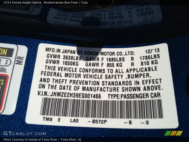 Mediterranean Blue Pearl / Gray 2014 Honda Insight Hybrid
