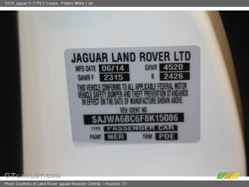 2015 F-TYPE S Coupe Polaris White Color Code NER