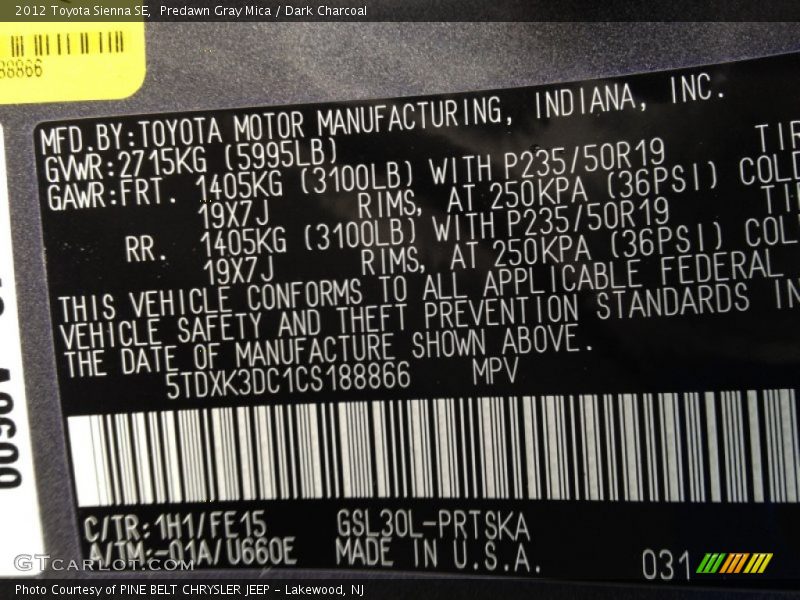 Predawn Gray Mica / Dark Charcoal 2012 Toyota Sienna SE