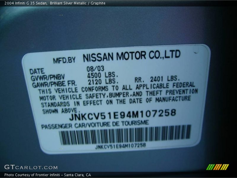 Brilliant Silver Metallic / Graphite 2004 Infiniti G 35 Sedan