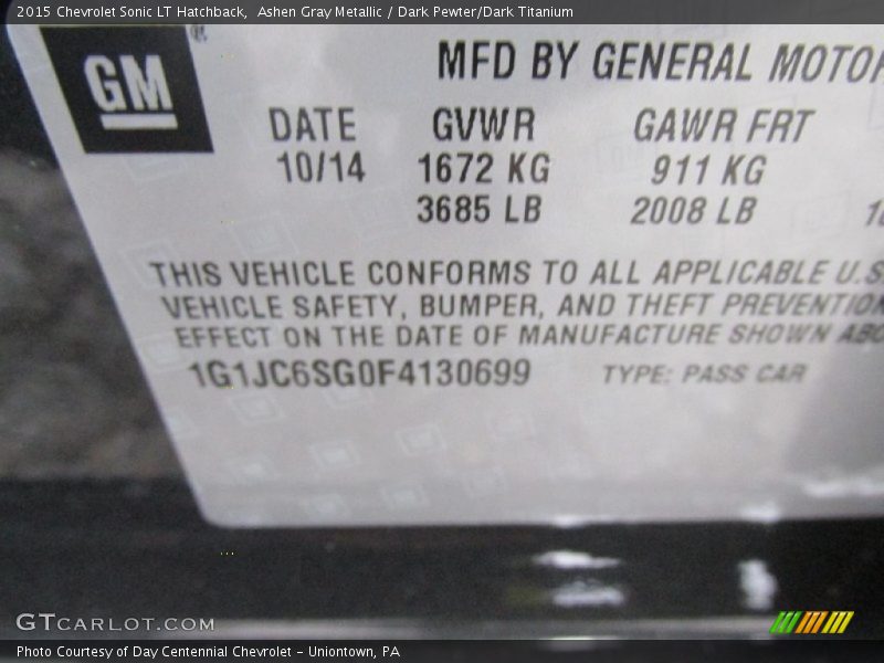 Ashen Gray Metallic / Dark Pewter/Dark Titanium 2015 Chevrolet Sonic LT Hatchback
