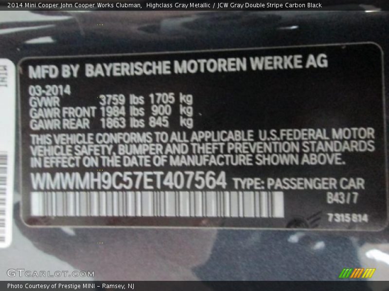 2014 Cooper John Cooper Works Clubman Highclass Gray Metallic Color Code B43