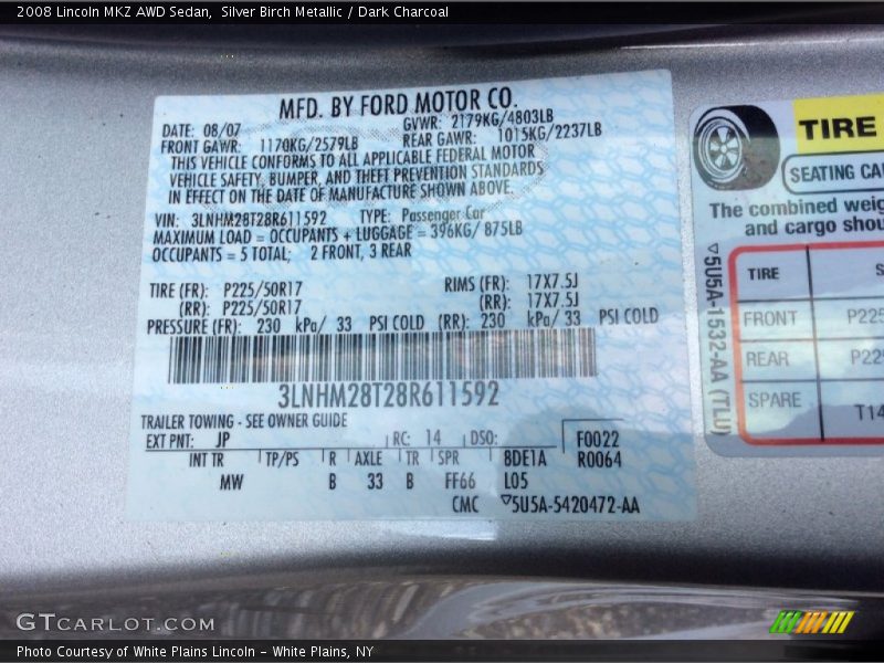 Silver Birch Metallic / Dark Charcoal 2008 Lincoln MKZ AWD Sedan