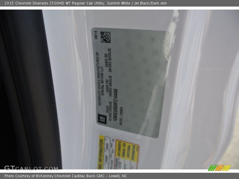 Info Tag of 2015 Silverado 2500HD WT Regular Cab Utility