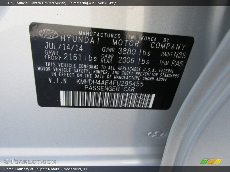 Shimmering Air Silver / Gray 2015 Hyundai Elantra Limited Sedan