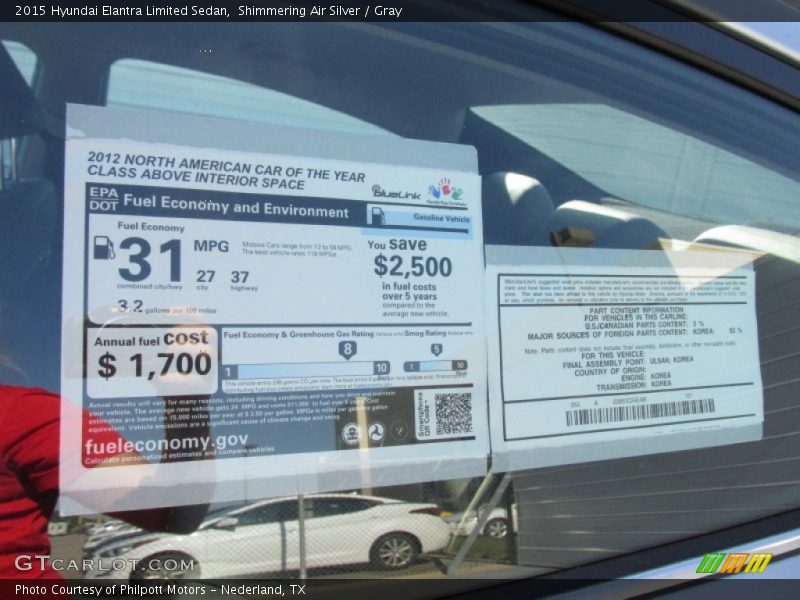 Shimmering Air Silver / Gray 2015 Hyundai Elantra Limited Sedan