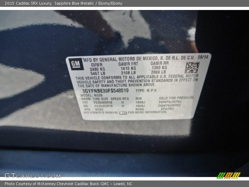 Sapphire Blue Metallic / Ebony/Ebony 2015 Cadillac SRX Luxury