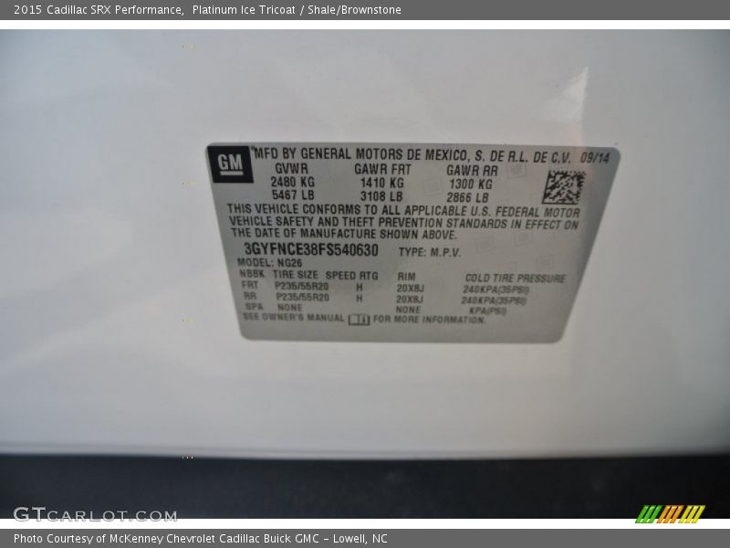 Platinum Ice Tricoat / Shale/Brownstone 2015 Cadillac SRX Performance