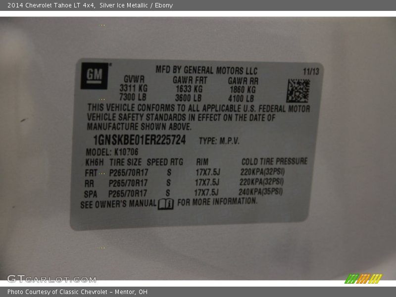 Silver Ice Metallic / Ebony 2014 Chevrolet Tahoe LT 4x4
