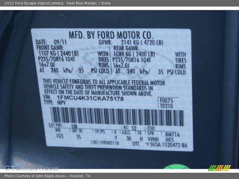 2012 Escape Hybrid Limited Steel Blue Metallic Color Code UN