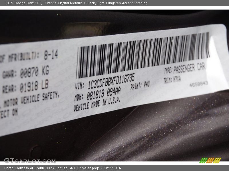 Granite Crystal Metallic / Black/Light Tungsten Accent Stitching 2015 Dodge Dart SXT