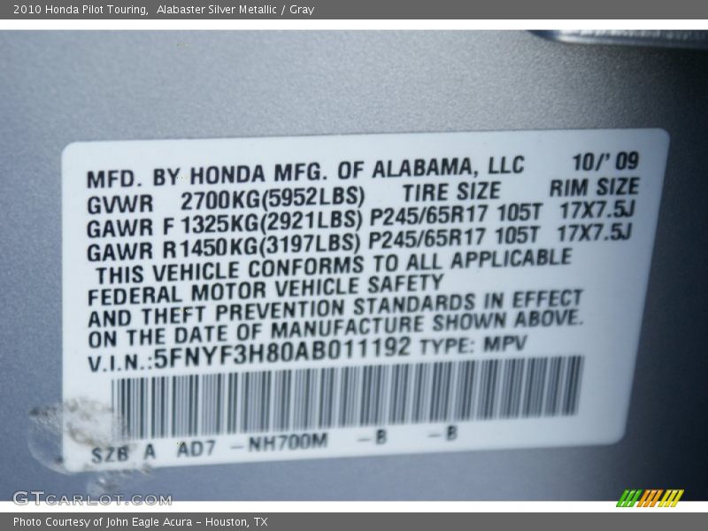 Alabaster Silver Metallic / Gray 2010 Honda Pilot Touring