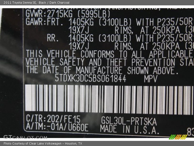 Black / Dark Charcoal 2011 Toyota Sienna SE