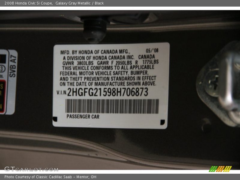 Galaxy Gray Metallic / Black 2008 Honda Civic Si Coupe