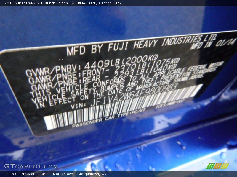 WR Blue Pearl / Carbon Black 2015 Subaru WRX STI Launch Edition