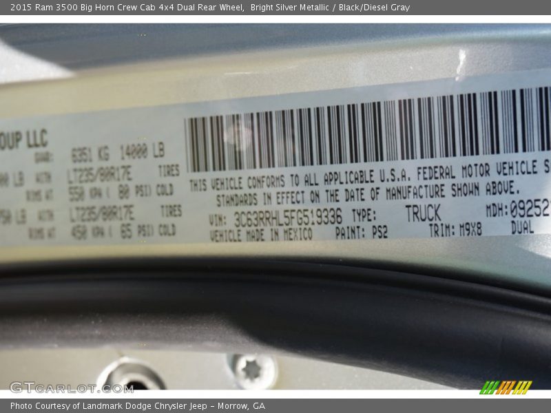 2015 3500 Big Horn Crew Cab 4x4 Dual Rear Wheel Bright Silver Metallic Color Code PS2