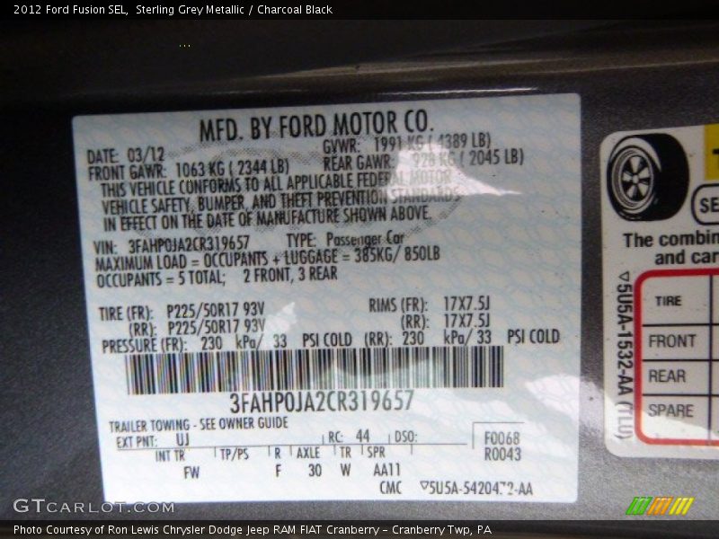 Sterling Grey Metallic / Charcoal Black 2012 Ford Fusion SEL
