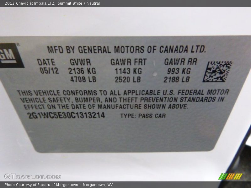 Summit White / Neutral 2012 Chevrolet Impala LTZ