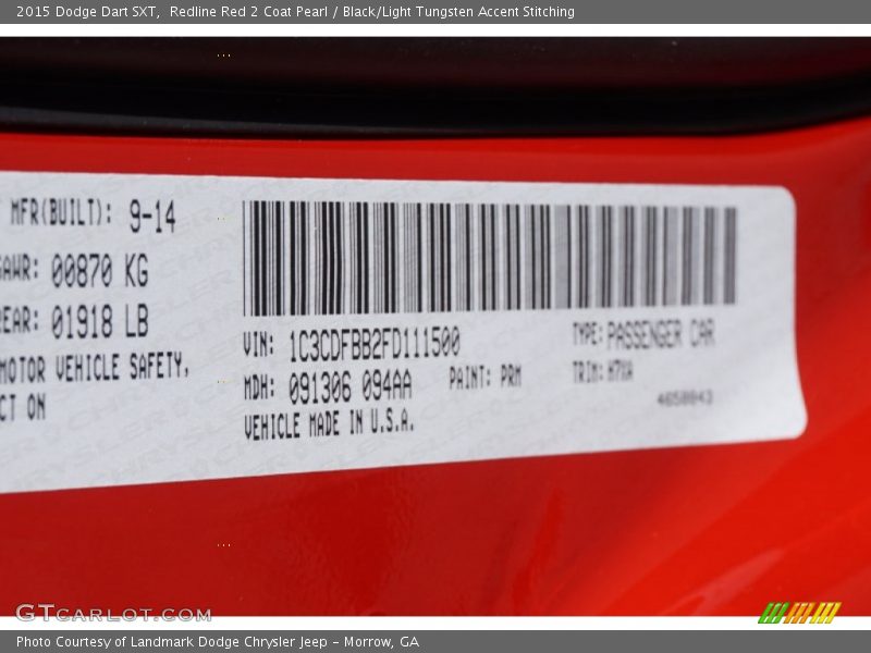 Redline Red 2 Coat Pearl / Black/Light Tungsten Accent Stitching 2015 Dodge Dart SXT