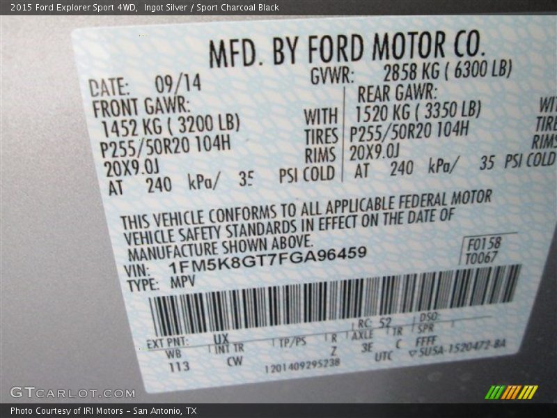 Ingot Silver / Sport Charcoal Black 2015 Ford Explorer Sport 4WD