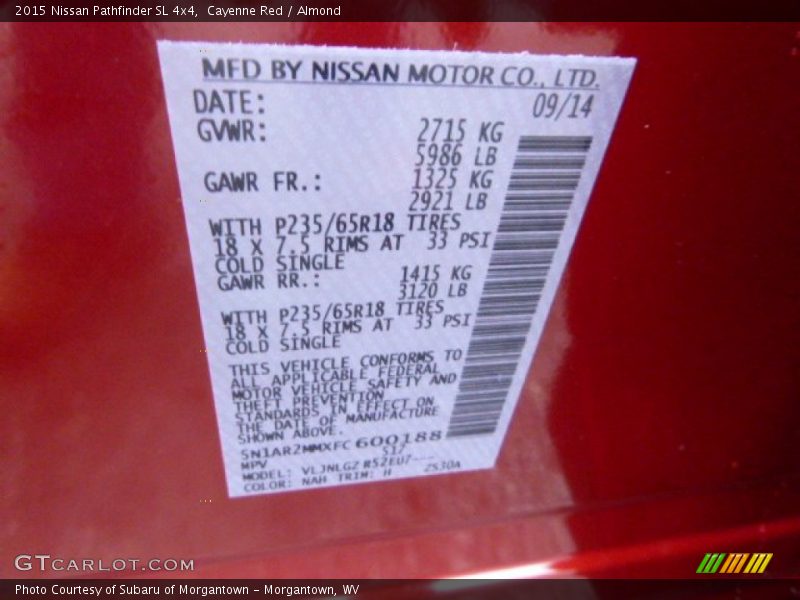 2015 Pathfinder SL 4x4 Cayenne Red Color Code NAH