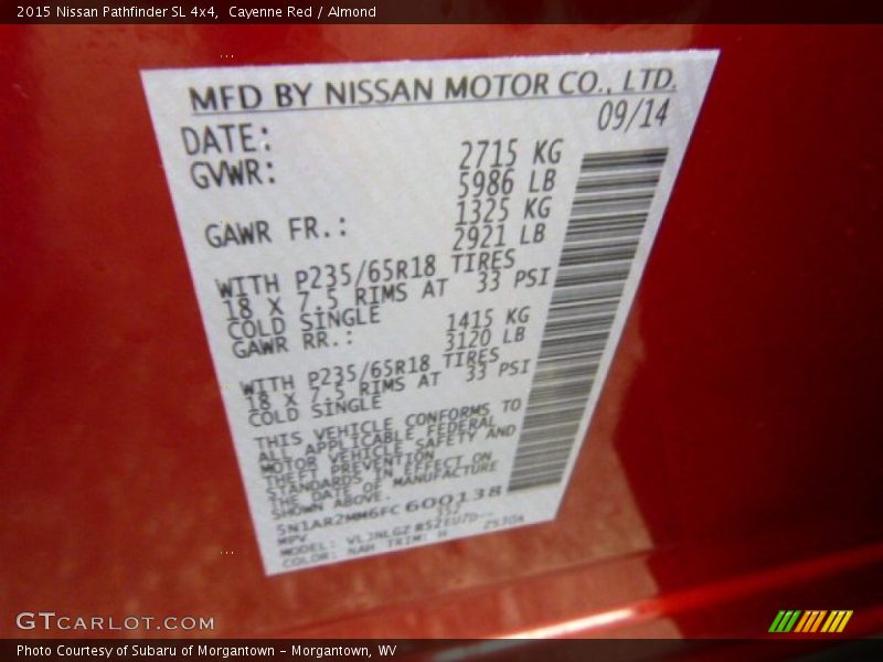 Cayenne Red / Almond 2015 Nissan Pathfinder SL 4x4