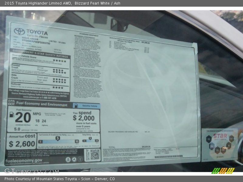 Blizzard Pearl White / Ash 2015 Toyota Highlander Limited AWD