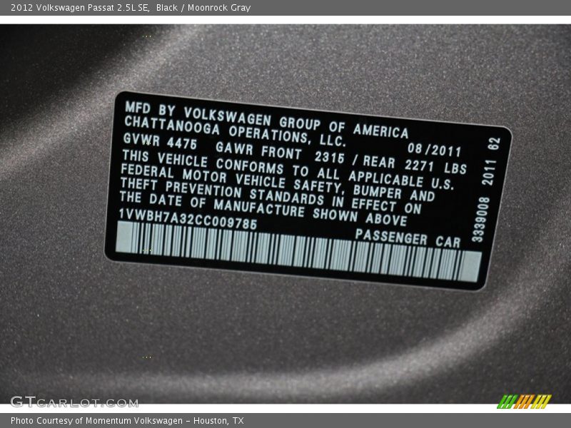 Black / Moonrock Gray 2012 Volkswagen Passat 2.5L SE