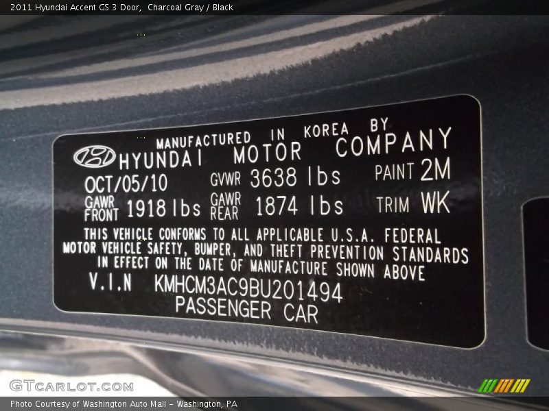 Charcoal Gray / Black 2011 Hyundai Accent GS 3 Door