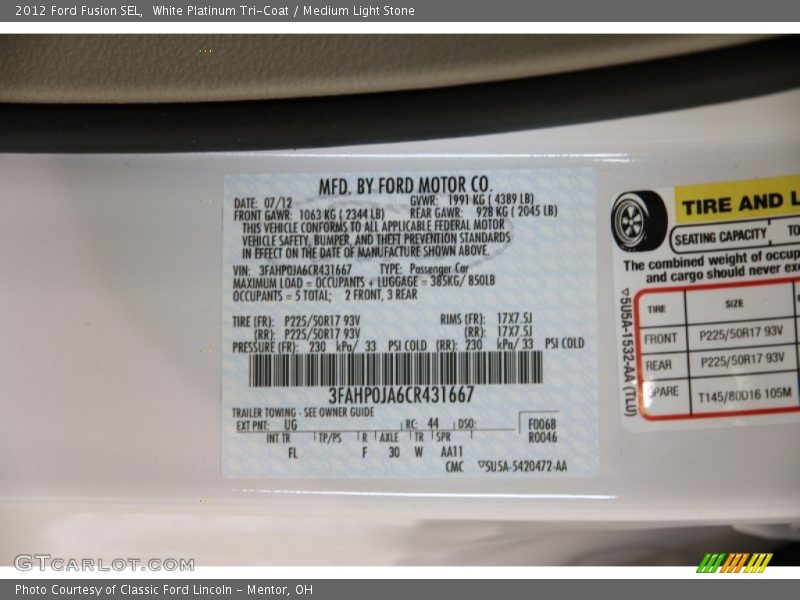 White Platinum Tri-Coat / Medium Light Stone 2012 Ford Fusion SEL