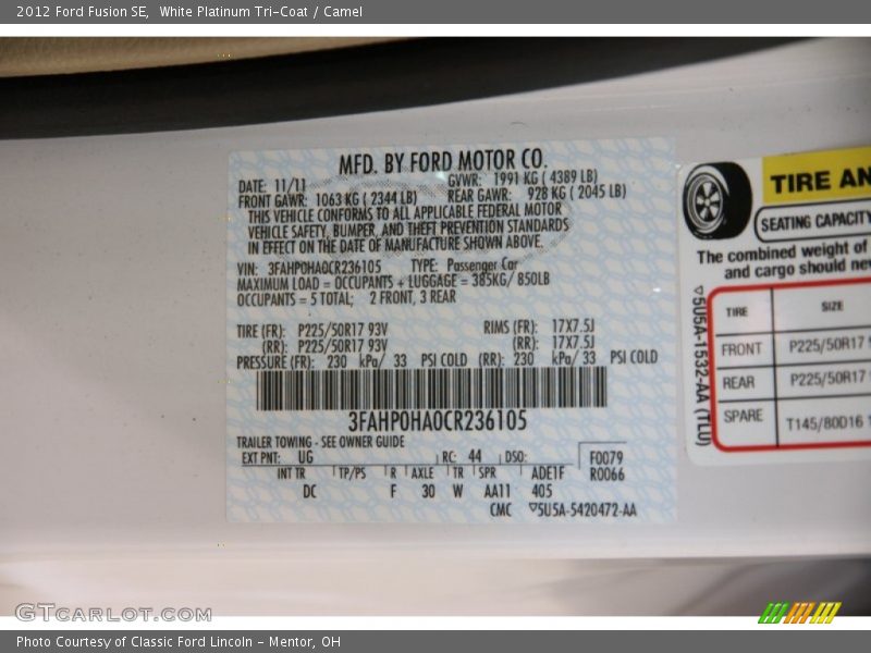 White Platinum Tri-Coat / Camel 2012 Ford Fusion SE
