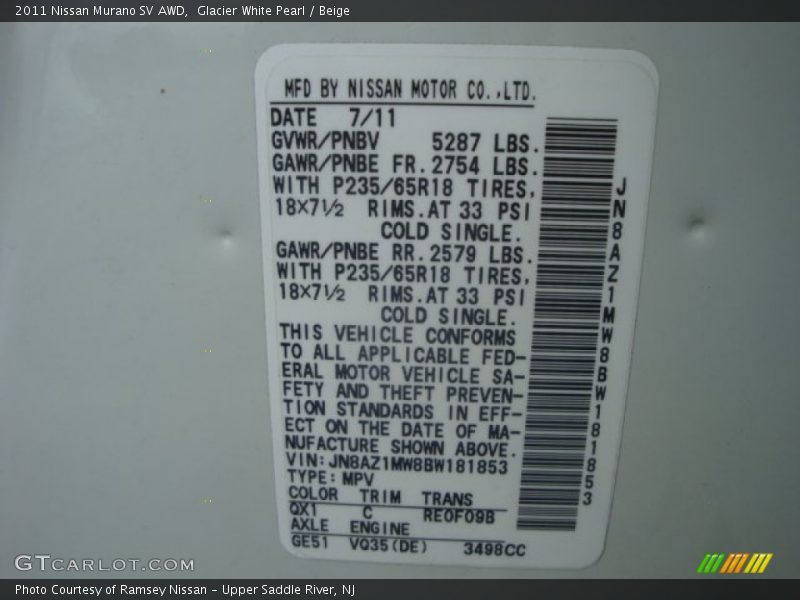 Glacier White Pearl / Beige 2011 Nissan Murano SV AWD
